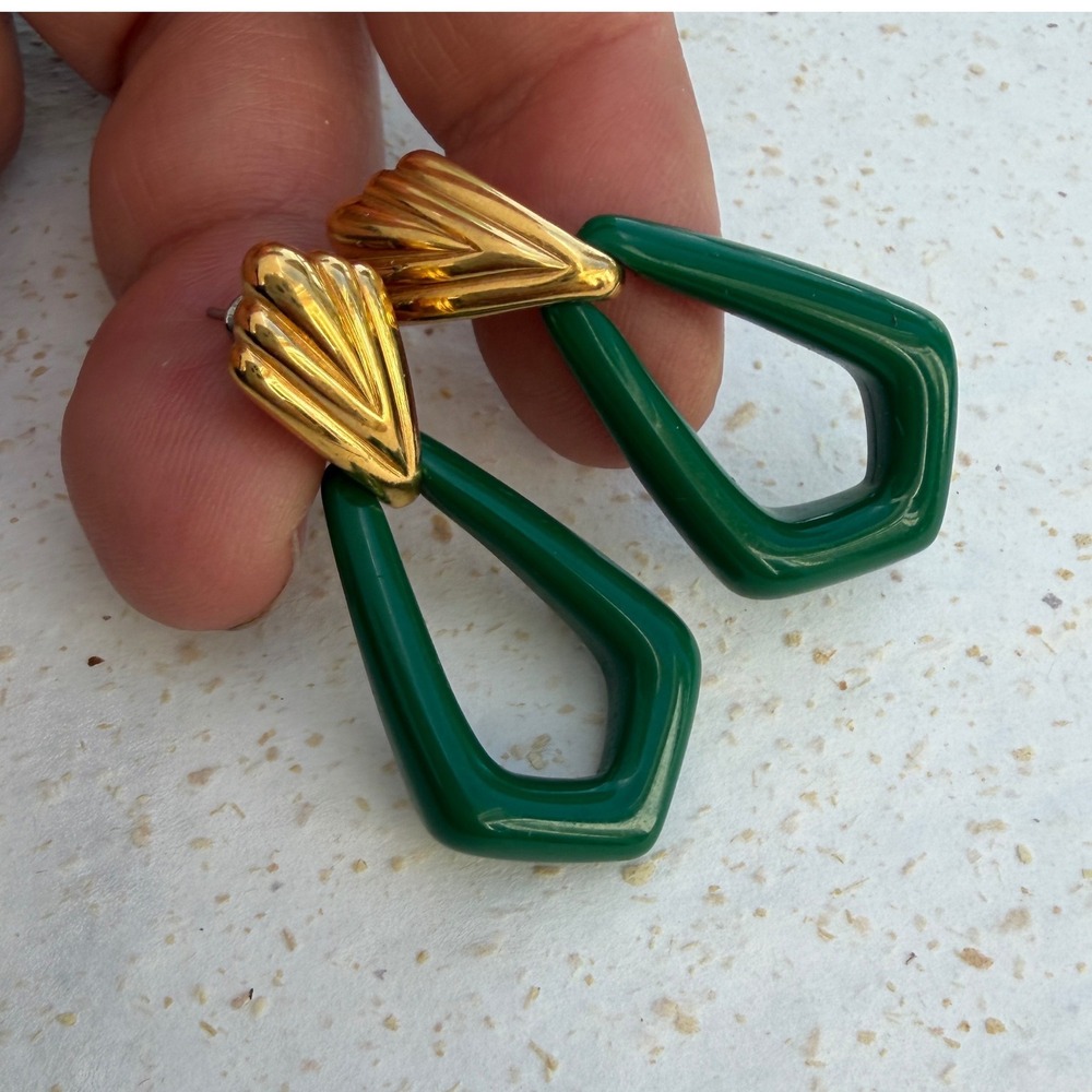 Vintage Monet Green Gold Tone Geometric Drop Dangle Earrings 80s Statement Post